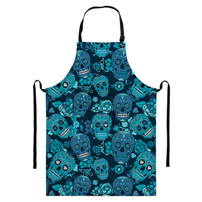Teal Sugar Skull Flower Pattern Print Bib Apron With Pocket