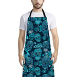 Teal Sugar Skull Flower Pattern Print Bib Apron With Pocket