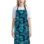 Teal Sugar Skull Flower Pattern Print Bib Apron With Pocket