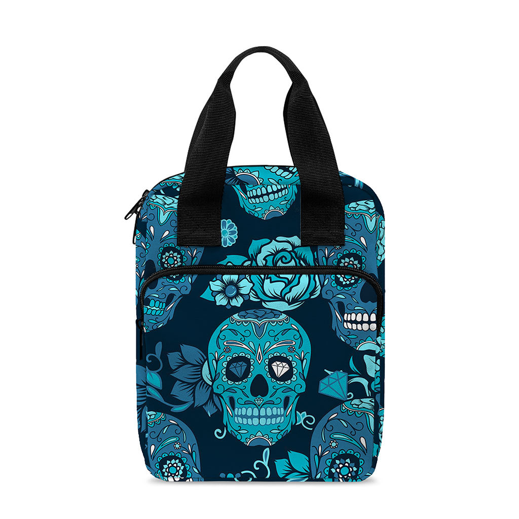 Teal Sugar Skull Flower Pattern Print Bible Tote Bag