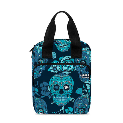 Teal Sugar Skull Flower Pattern Print Bible Tote Bag