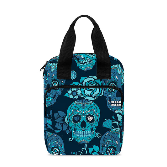 Teal Sugar Skull Flower Pattern Print Bible Tote Bag