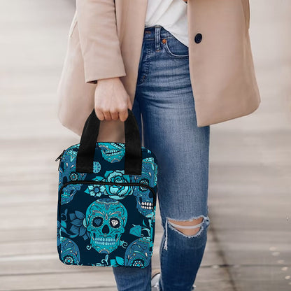 Teal Sugar Skull Flower Pattern Print Bible Tote Bag