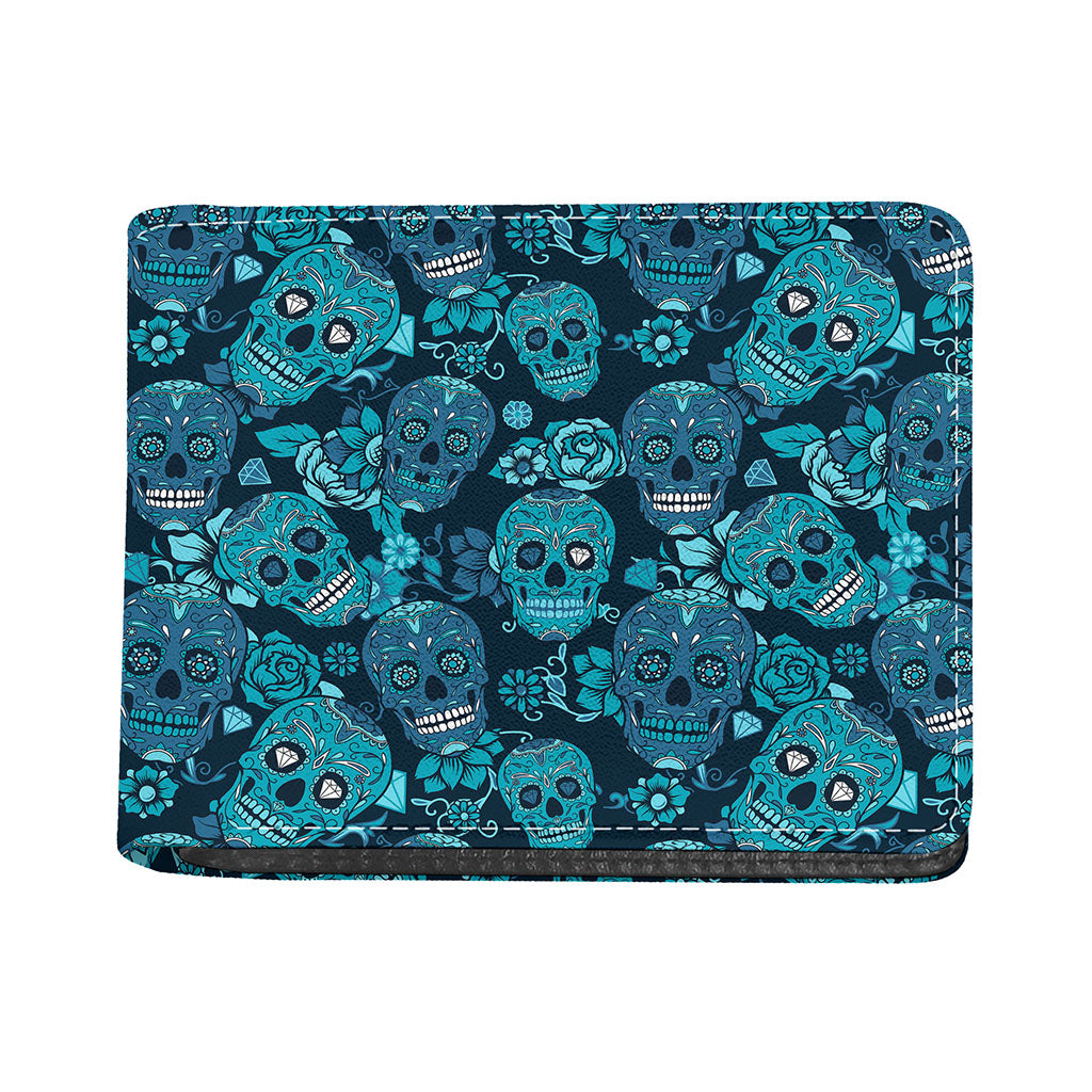 Teal Sugar Skull Flower Pattern Print Bifold Wallet
