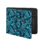 Teal Sugar Skull Flower Pattern Print Bifold Wallet