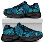 Teal Sugar Skull Flower Pattern Print Black Chunky Shoes