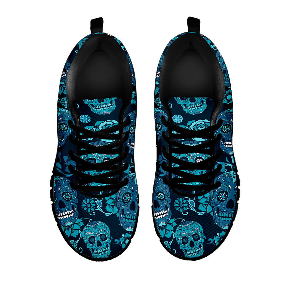 Teal Sugar Skull Flower Pattern Print Black Running Shoes
