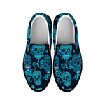 Teal Sugar Skull Flower Pattern Print Black Slip On Sneakers
