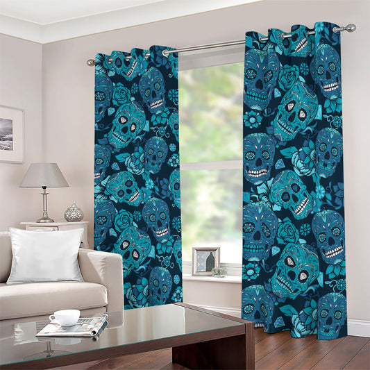 Teal Sugar Skull Flower Pattern Print Blackout Grommet Curtains