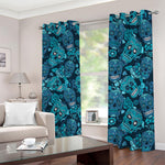 Teal Sugar Skull Flower Pattern Print Blackout Grommet Curtains