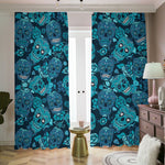 Teal Sugar Skull Flower Pattern Print Blackout Pencil Pleat Curtains