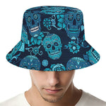 Teal Sugar Skull Flower Pattern Print Bucket Hat