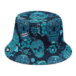 Teal Sugar Skull Flower Pattern Print Bucket Hat