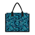 Teal Sugar Skull Flower Pattern Print Canvas Tote Bag