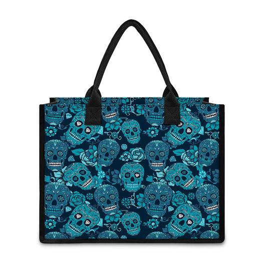 Teal Sugar Skull Flower Pattern Print Canvas Tote Bag