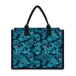 Teal Sugar Skull Flower Pattern Print Canvas Tote Bag