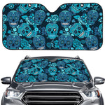 Teal Sugar Skull Flower Pattern Print Car Windshield Sun Shade