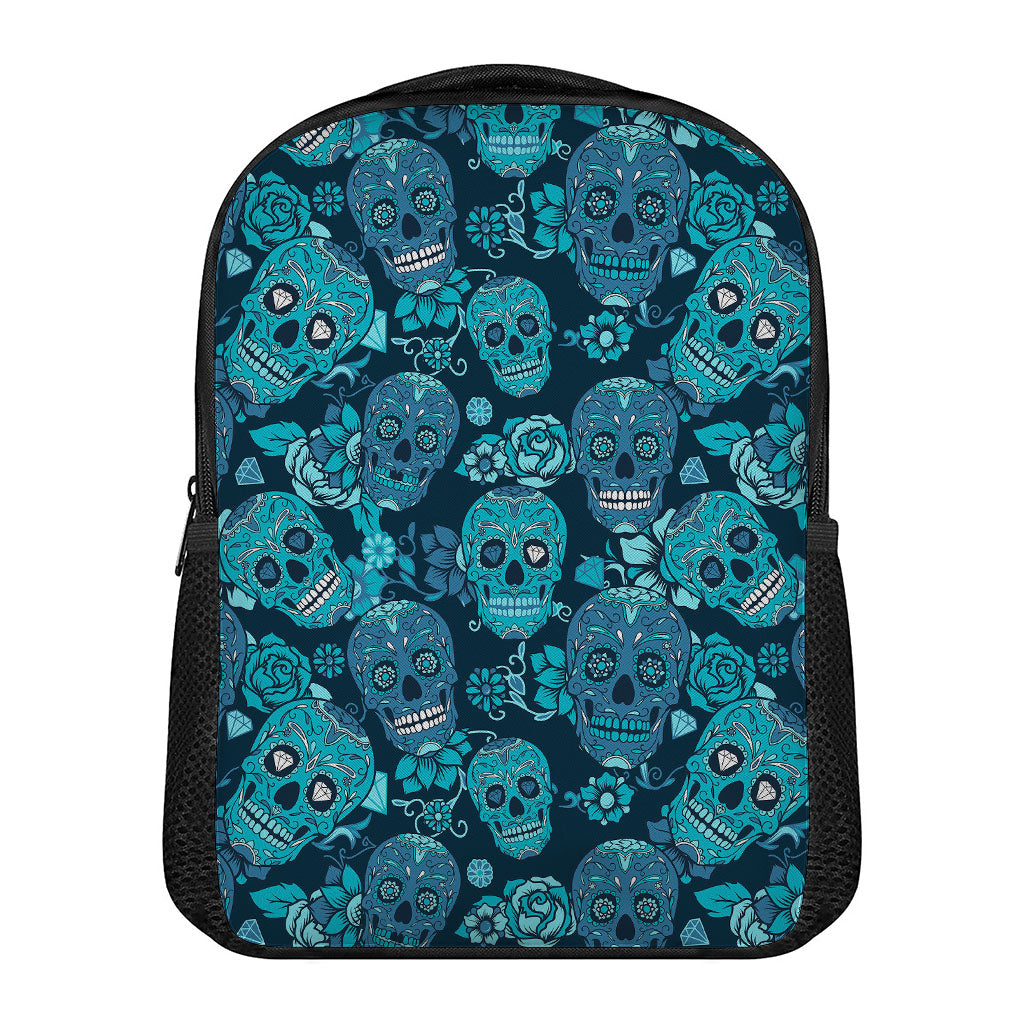 Teal Sugar Skull Flower Pattern Print Casual Backpack