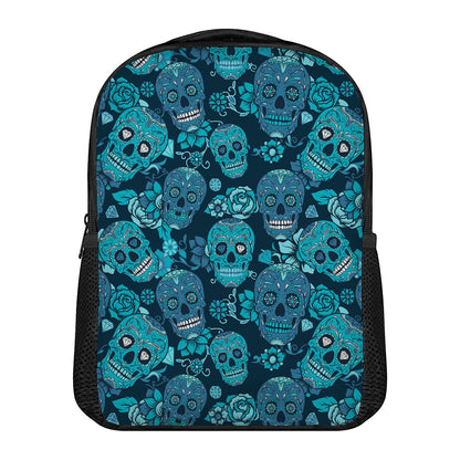 Teal Sugar Skull Flower Pattern Print Casual Backpack