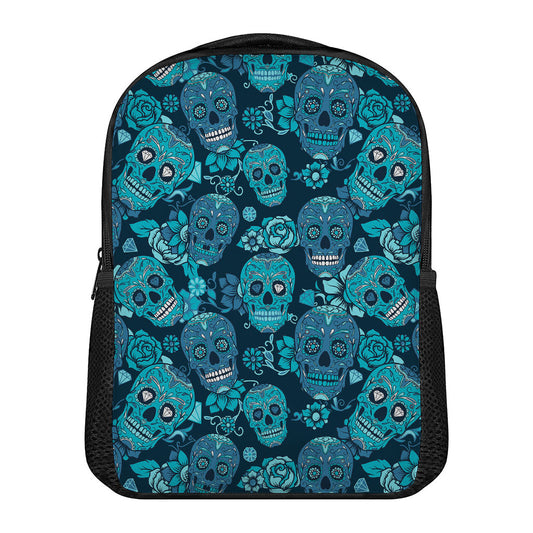 Teal Sugar Skull Flower Pattern Print Casual Backpack