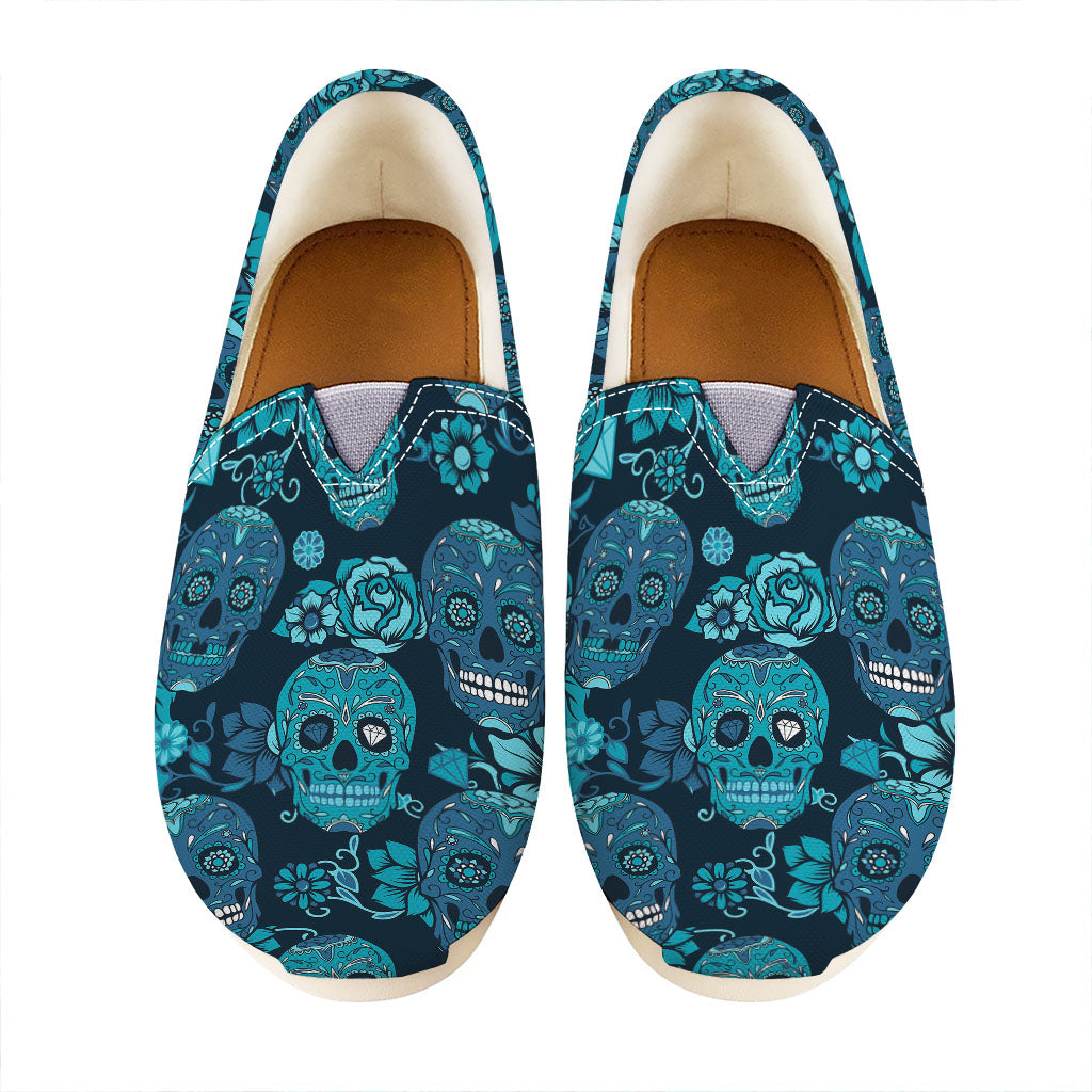 Teal Sugar Skull Flower Pattern Print Casual Shoes