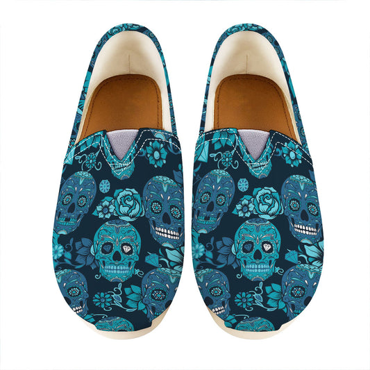 Teal Sugar Skull Flower Pattern Print Casual Shoes