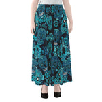 Teal Sugar Skull Flower Pattern Print Chiffon Maxi Skirt