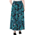 Teal Sugar Skull Flower Pattern Print Chiffon Maxi Skirt