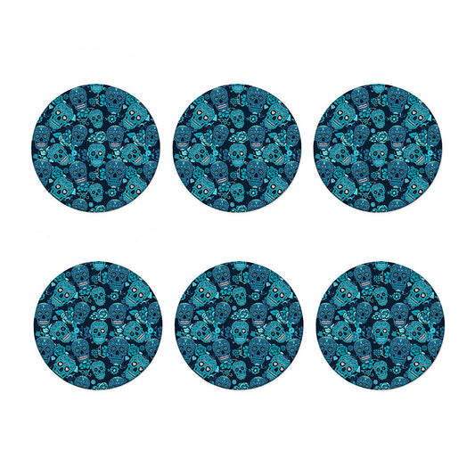 Teal Sugar Skull Flower Pattern Print Coaster Set