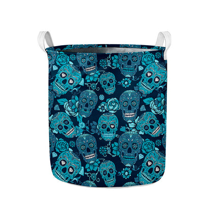 Teal Sugar Skull Flower Pattern Print Collapsible Laundry Basket
