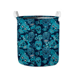 Teal Sugar Skull Flower Pattern Print Collapsible Laundry Basket