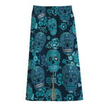 Teal Sugar Skull Flower Pattern Print Cotton Front Slit Maxi Skirt