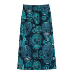 Teal Sugar Skull Flower Pattern Print Cotton Front Slit Maxi Skirt