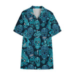 Teal Sugar Skull Flower Pattern Print Cotton Hawaiian Shirt