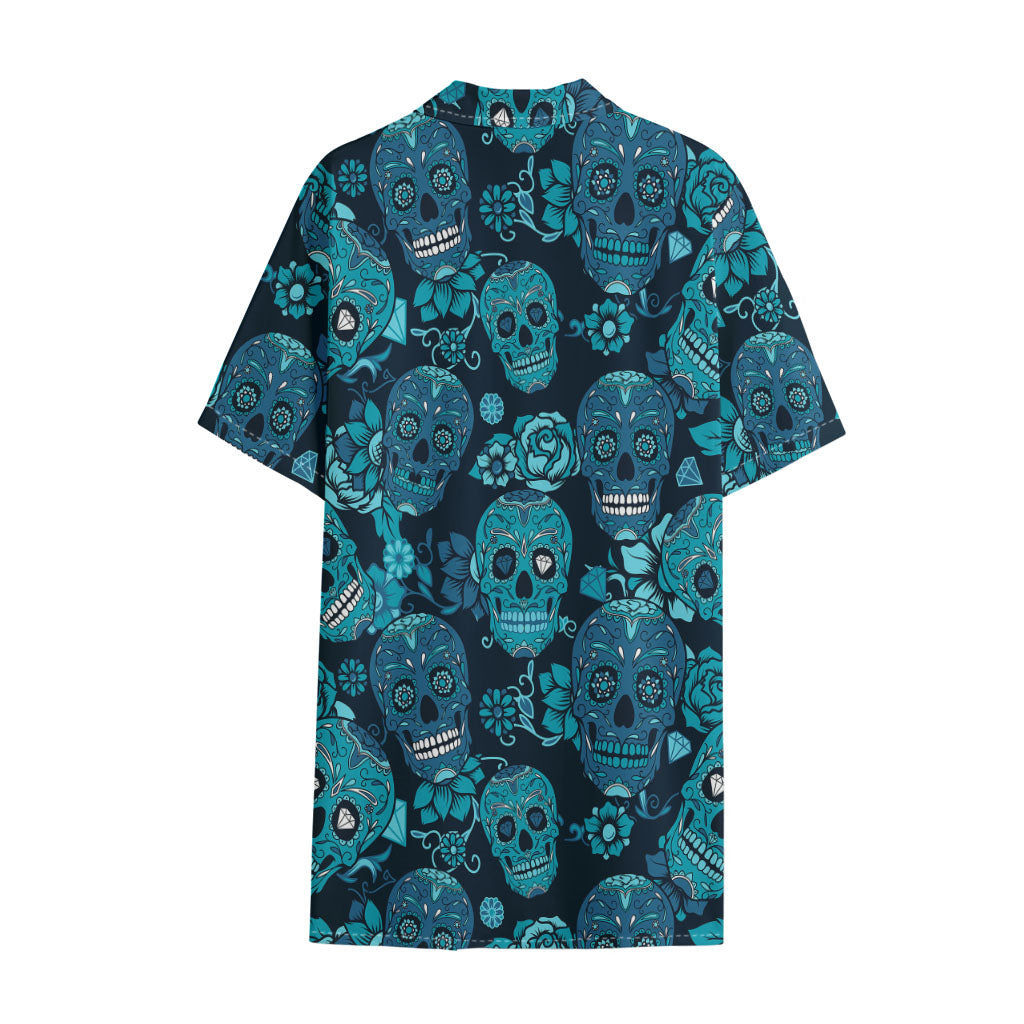 Teal Sugar Skull Flower Pattern Print Cotton Hawaiian Shirt