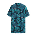 Teal Sugar Skull Flower Pattern Print Cotton Hawaiian Shirt