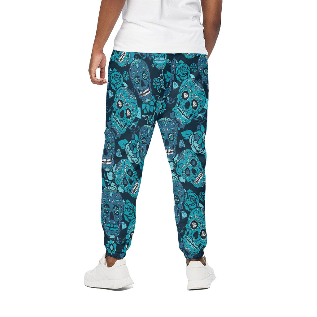 Teal Sugar Skull Flower Pattern Print Cotton Pants