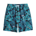 Teal Sugar Skull Flower Pattern Print Cotton Shorts