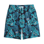 Teal Sugar Skull Flower Pattern Print Cotton Shorts