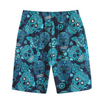 Teal Sugar Skull Flower Pattern Print Cotton Shorts