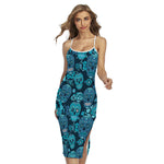 Teal Sugar Skull Flower Pattern Print Cross Back Cami Dress