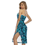Teal Sugar Skull Flower Pattern Print Cross Back Cami Dress