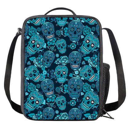 Teal Sugar Skull Flower Pattern Print Crossbody Lunch Bag