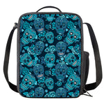 Teal Sugar Skull Flower Pattern Print Crossbody Lunch Bag