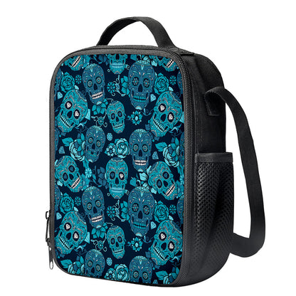 Teal Sugar Skull Flower Pattern Print Crossbody Lunch Bag