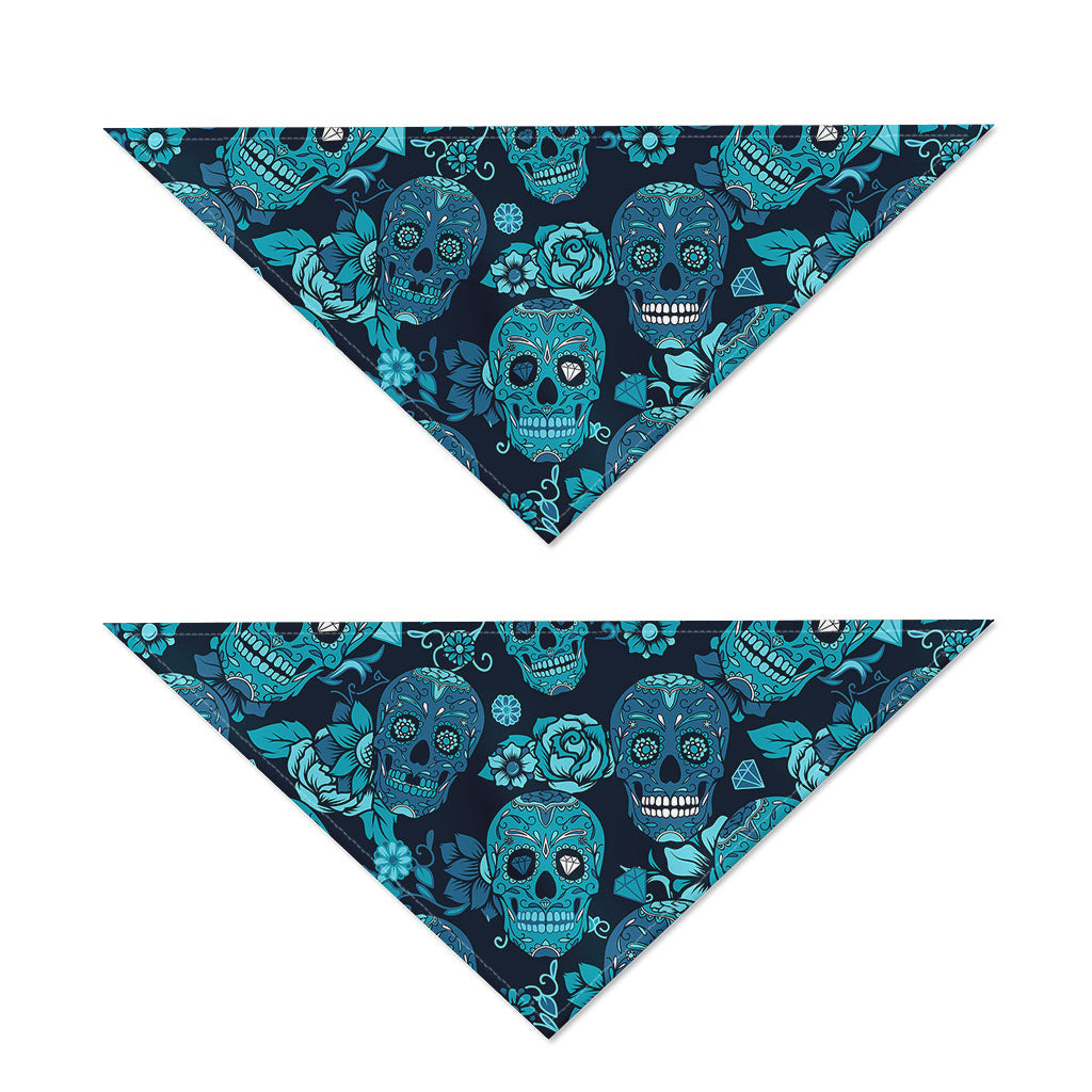 Teal Sugar Skull Flower Pattern Print Dog Bandana