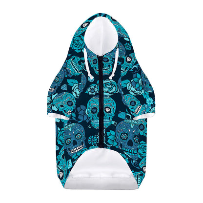 Teal Sugar Skull Flower Pattern Print Dog Zip Up Hoodie
