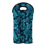 Teal Sugar Skull Flower Pattern Print Double Neoprene Wine Tote