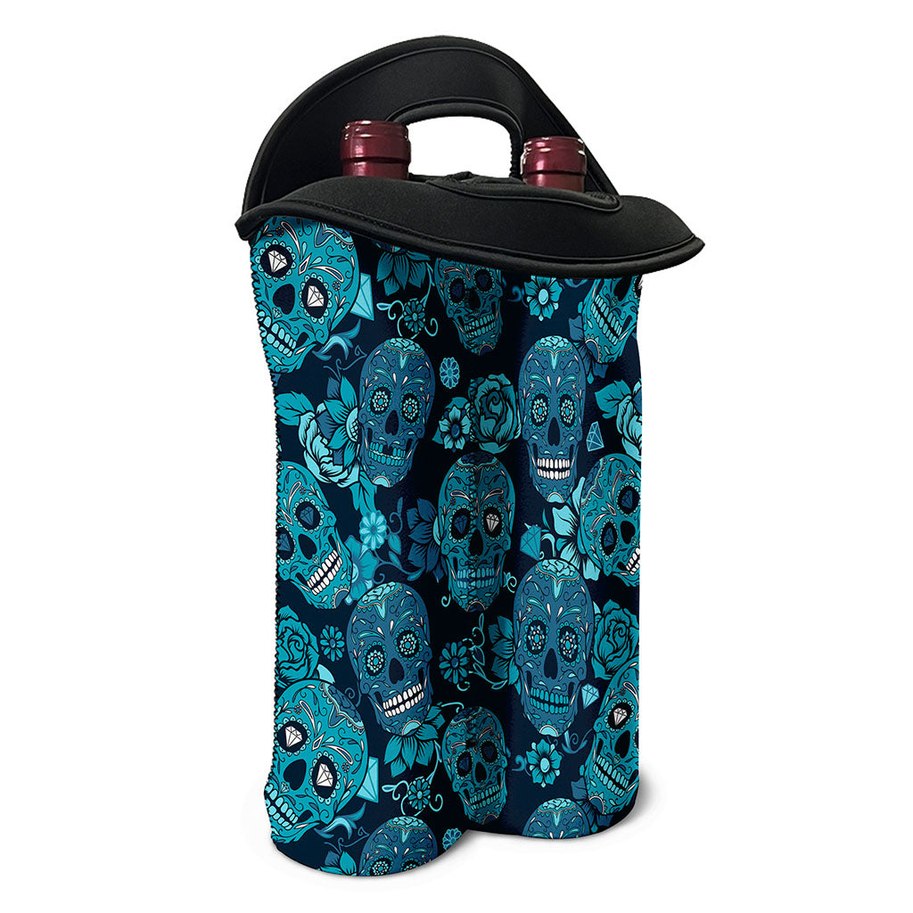 Teal Sugar Skull Flower Pattern Print Double Neoprene Wine Tote