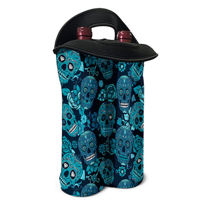 Teal Sugar Skull Flower Pattern Print Double Neoprene Wine Tote